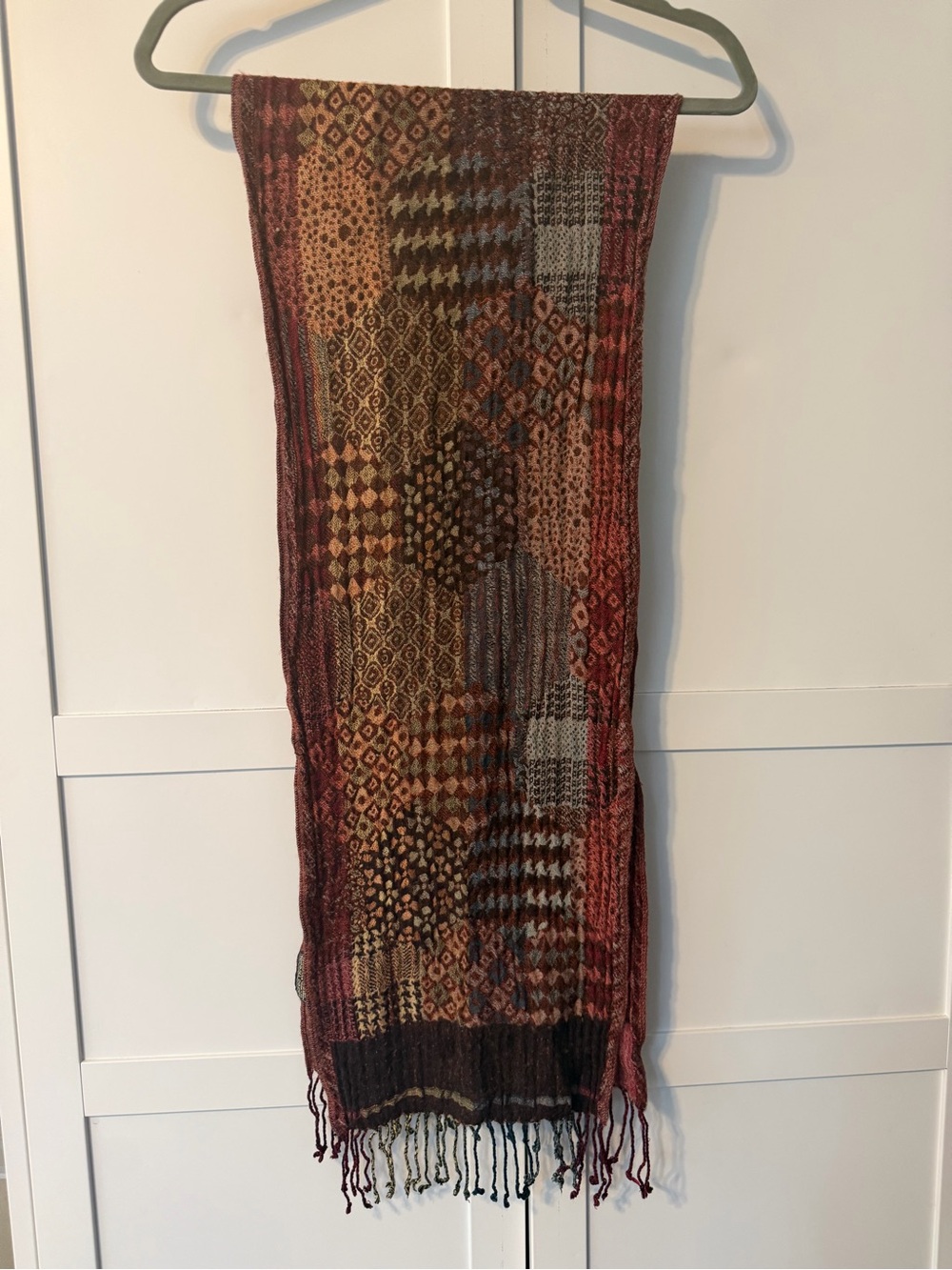 Sacred Threads Wool Viscose Patchwork Fringe Scarf Burgundy Boho